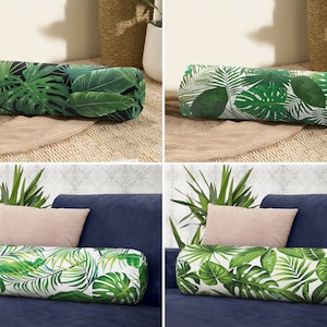 Tropical Leaves Bolster Pillow, Monstera Leaf Cylindrical Pillow, Palm Leaf Bolster Pillow, Green Bolster Neckroll Pillow, Tropical Decor