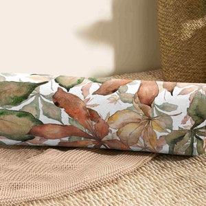 Kussen gevallen bladeren, kussen aquarel blad, groen en bruin cilindrisch kussen, nekrolkussen herfst, modern herfstdecor
