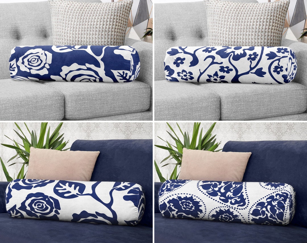 Blue White Bolster Pillow, Tile Design Bolster Cushion, Blue Floral
