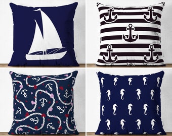 Soft Barque Design Pillow Covers, Anchor Couch Pillowcase with Zipper, Sailing Vessel Sofa Cushion Cover, Navy Seahorse Outdoor Cushion Case