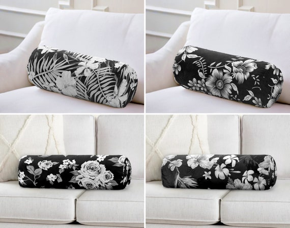 Black White Floral Bolster Pillow, Black Bolster Cushion