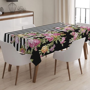 Flowers on Black Tablecloth, Floral Tablecloth for Dining Table, Black White Stripes Kitchen Tablecloths, Modern Rectangle Tablecloth