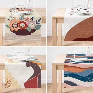 Stylish Modern Art Table Runner, Leaf Pattern Runner with Abstract Drawing, Boho Table Runner, Boho Drawing Runner, Boho Home Decoration