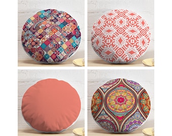Colorful Ethnic Round Pillow: Coral Mandala Pattern, Boho Accent