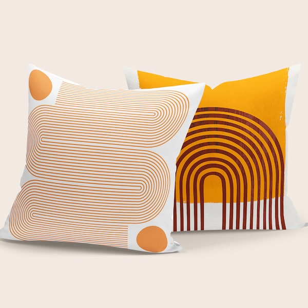 Abstract Sun & Line Art Pillow Cover, Modern Minimalist Cushion Cover, Mid Century Throw Pillow, Orange and Beige Pillows, Geometric Cushion