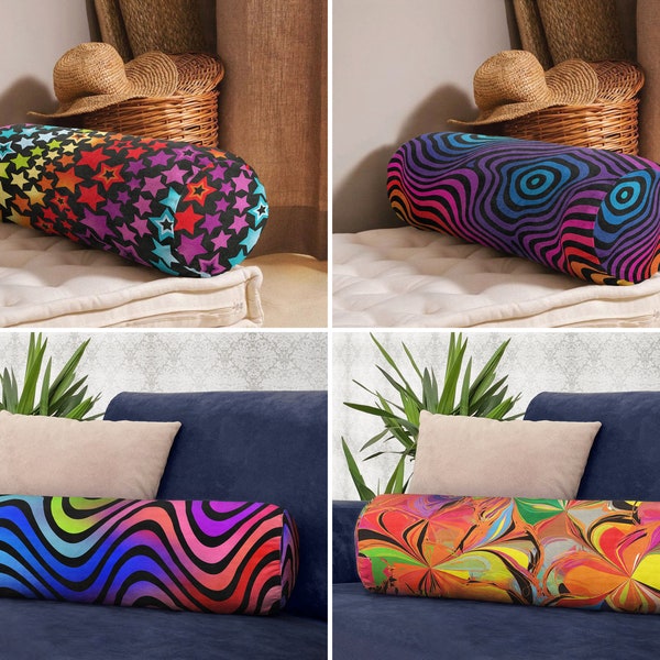 Multicolor Bolster Pillow, Cylindrical Bolster Cushion, Rainbow Wave Bolster Pillow, Rainbow Stars Bolster Neckroll Pillow, Colorful Deco