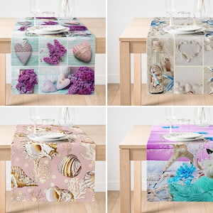 Mantel de océano, camino de mesa moderno con conchas marinas sobre fondo rosa, camino de mesa náutico con estrellas de mar, camino de mesa con ostras, tablero de mesa con estrellas de mar
