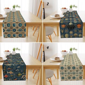 Camino de mesa con mapa náutico antiguo, mantel con criaturas marinas, sábana con brújula, adorno de peces tropicales, decoración costera para la mesa de la cocina.