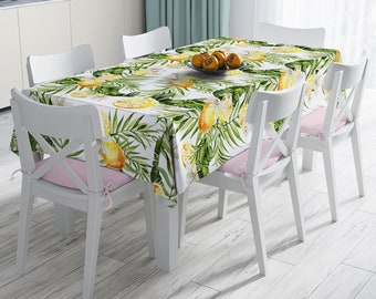 Nappe tropicale citron, nappe de salle à manger feuilles tropicales, housse de table de cuisine fleurs d'hibiscus, nappe de ferme thème citron