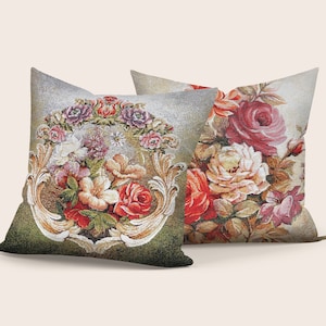 Floral Gobelin Pillow Cover, Gobelin Tapestry Pillowcase, Farmhouse Style Cushion Cover, Handmade Throw Pillow, Woven Cushion, 18x18 inches