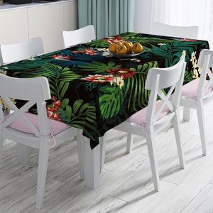 Tropical Forest Tablecloths, Giant Leaves Table Cover, Exotic Flowers Kitchen Dining Table Linen, Green Leaves on Black Tablecloths