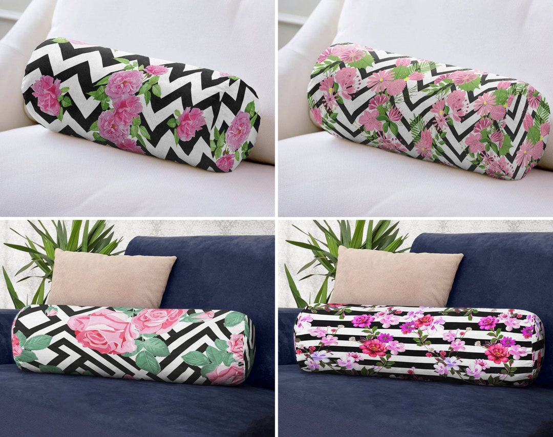 Floral Bolster Pillow, Pink Floral Bolster Cushion, Zigzag Bolster