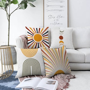 Mid Century Pillow Cover, Boho Sun & Moon Cushion Cover, Abstract Throw Pillow, Rainbow Pillow Case Set, Geometric Pillow, Retro Home Decor
