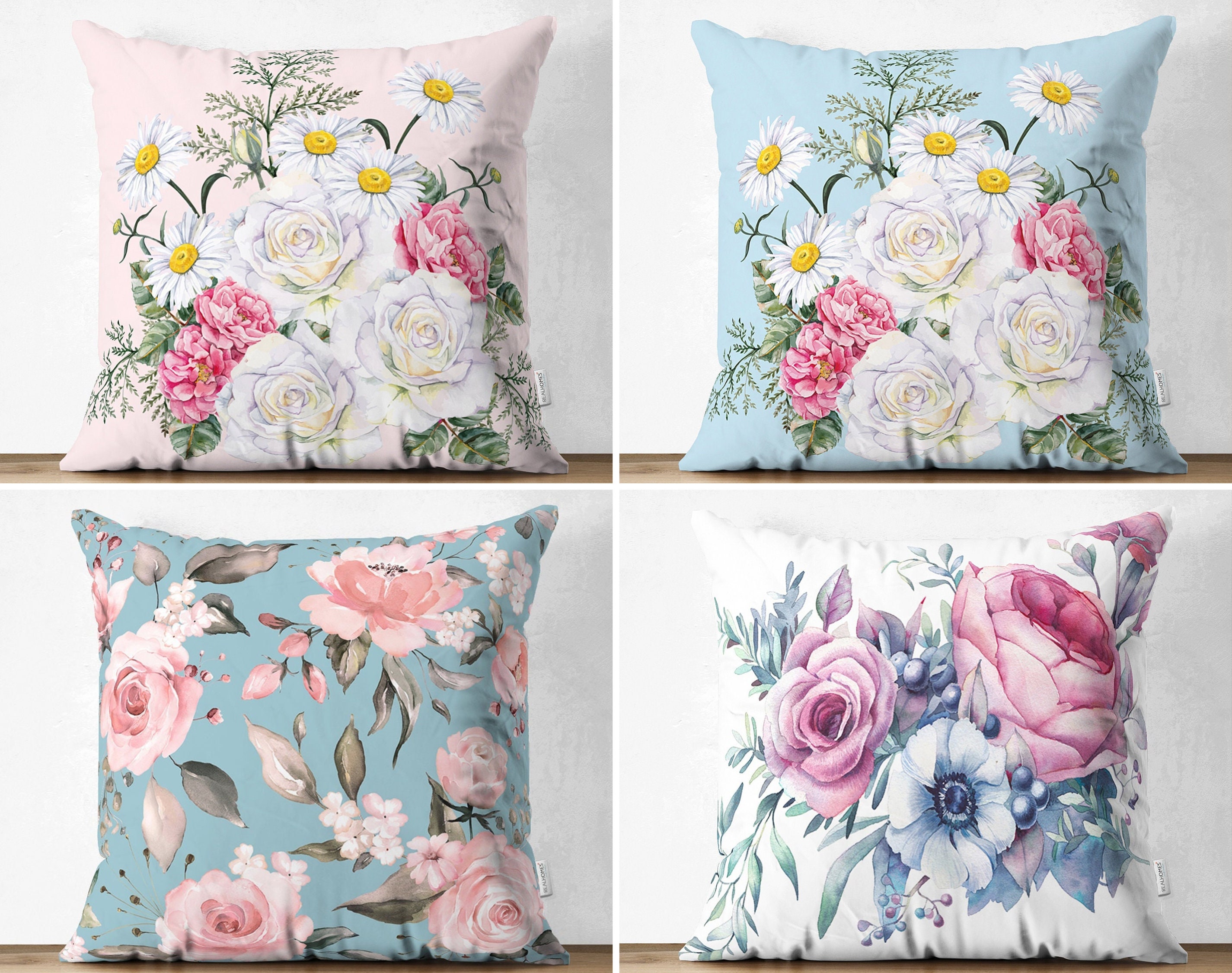 Daisy Flowers & White Rose Cushion Cases, Patio Pillow Covers, Pink Rose Sofa Cushion Cover, Peony Flowers Decorative Pillow Sham, Home Deco
