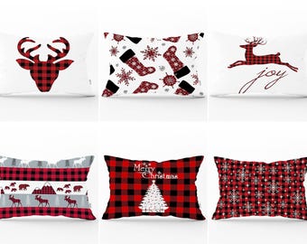 Funda de cojín lumbar: Cuadros navideños estrellados estilo búfalo - Decoración navideña acogedora
