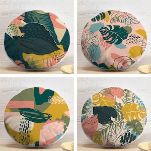 Boho Round Pillow, Abstract Leaves Pattern (Indoor and Outdoor Use) image 1