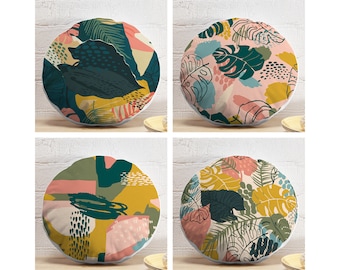 Intangible Round Pillows, Abstract Leaves Circle Pillow, Creative Abstract Round Pillow and Insert, Green & Yellow Leaves Meditation Pillows