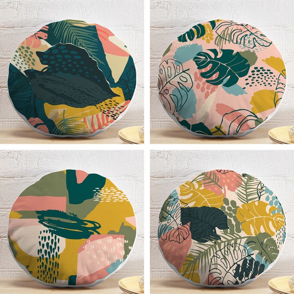 Intangible Round Pillows, Abstract Leaves Circle Pillow, Creative Abstract Round Pillow and Insert, Green & Yellow Leaves Meditation Pillows