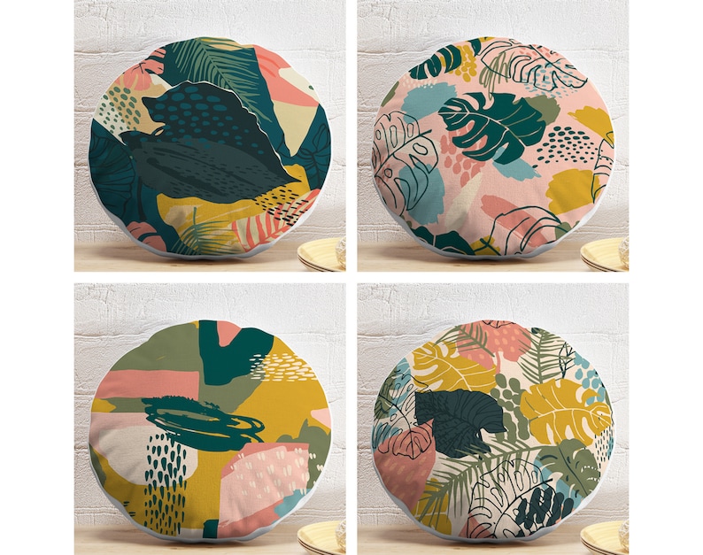 Boho Round Pillow, Abstract Leaves Pattern (Indoor and Outdoor Use) image 1