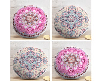 Round Throw Pillow: Pink Mandala Design - Soft Velvet Texture