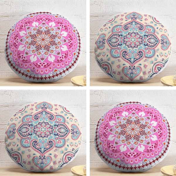 Coussin rond mandala, coussin rond motif damassé, coussin rond motif cachemire indien floral, coussin rond mandala floral rose et insert