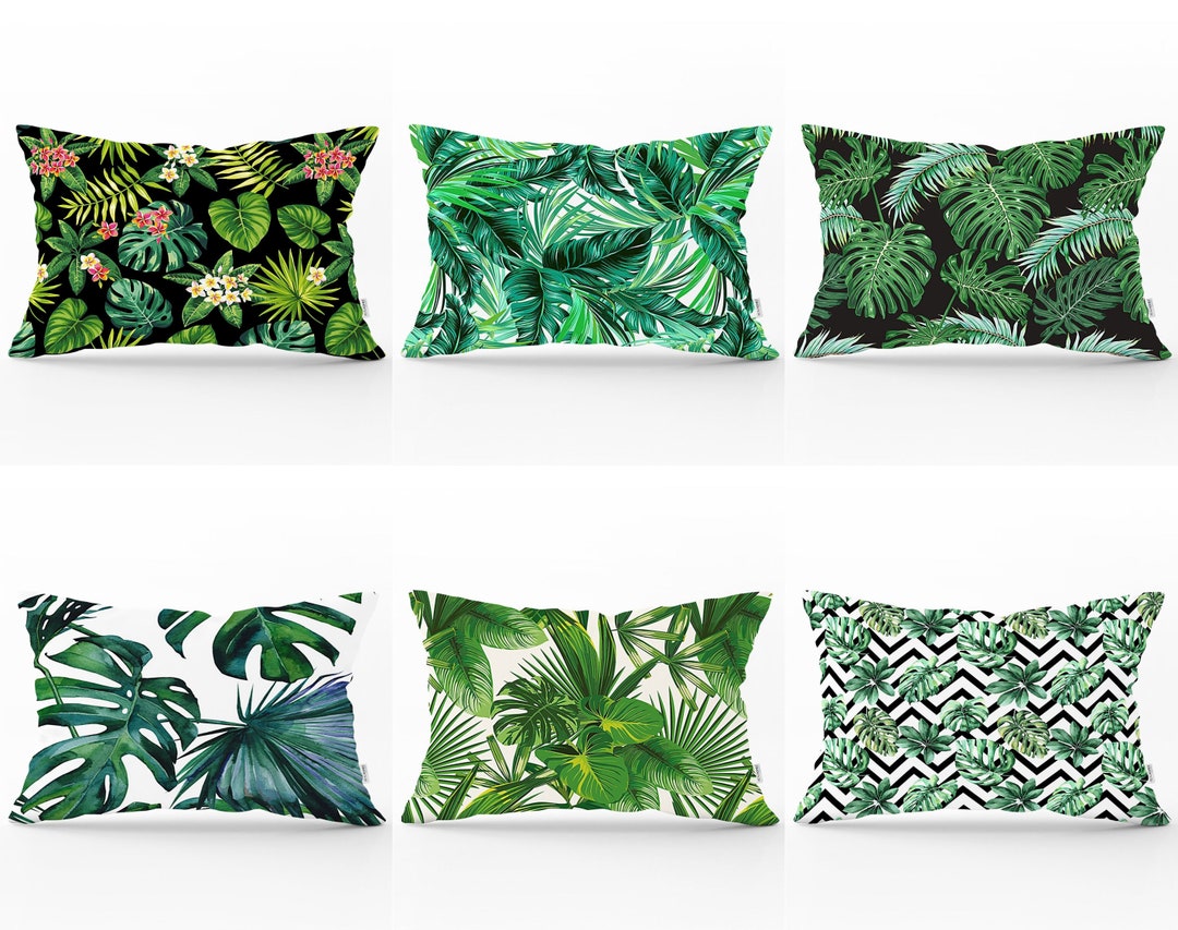 Tropical Palm Leaves Rectangle Cushion Cover, Green Leaves Lumbar