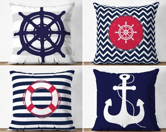 Ship Wheel Sofa Cushion Case, Navy Blue & White Anchor Pillow Cover, Zigzag Outdoor Pillow Tops, Beach Pillow Sham, Yatch Decoration