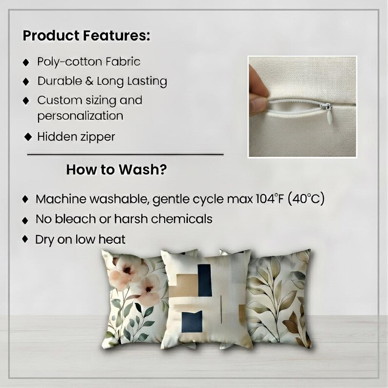 The image is a product features presentation with a close-up of a hand holding a zipper, along with a collage of images showcasing the pillow's design and washing instructions.