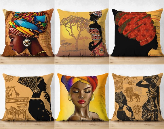 Afrocentric Throw Pillow Covers Black Woman Cushion Cover Authentic Pillow Top Orange Couch Pillow Sham Decorative Pillow Boho Deco Etsy UK