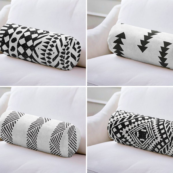 Scandinavian Bolster Pillow, Black White Cylindrical Pillow, Swedish Folk Art Bolster Cushion, Ethnic Neckroll Pillow, Nordic Room Decor