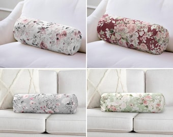 Cylindrical Bolster Pillow, Floral Rosebud Velvet (Green Gray)