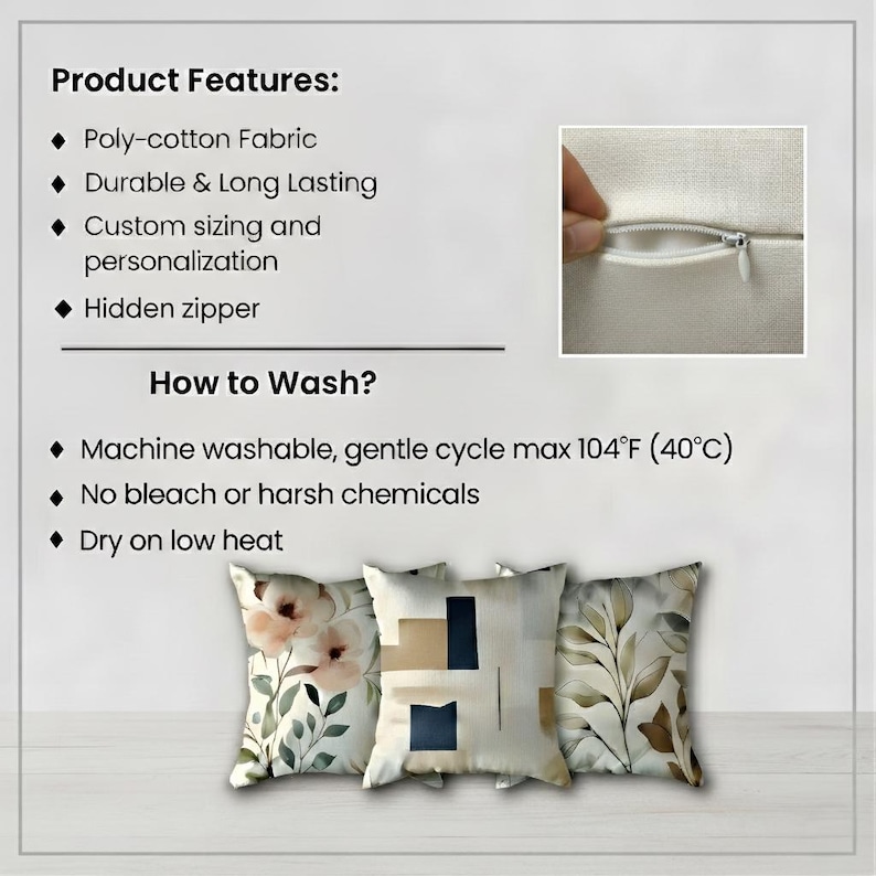 The image is a product features presentation with a close-up of a hand holding a zipper, along with a collage of images showcasing the pillow's design and washing instructions.