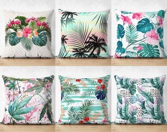 Pink Flowers Pillow Cover, Tropical Leaves Pillowcases, Monstera Leaves Cushion Cover, Green Leaves Pillow Sham, Decorative Cushions