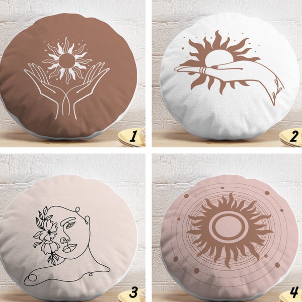 Mystical Sun Round Pillow, Hand and Sun Round Cushion, Abstract Face Art Round Pillow and Insert, Meditation Pillow, Eclectic Home Decor