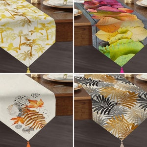 Colorful Leaves Triangle Table Runner, Gold Leaves Kitchen Runner with Tassel, Palm Tree Runner, Dry Leaves Runner, Autumn Theme Runner