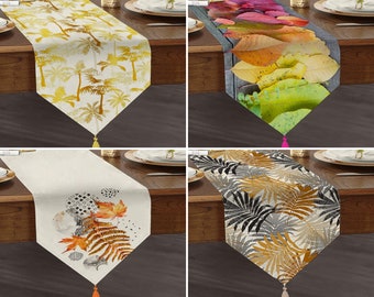 Colorful Leaves Triangle Table Runner, Gold Leaves Kitchen Runner with Tassel, Palm Tree Runner, Dry Leaves Runner, Autumn Theme Runner