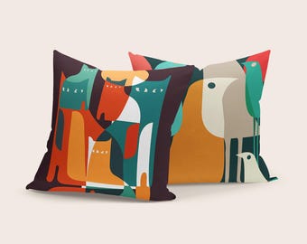 Decorative Pillow Cover: Modern Abstract Cat and Bird - Multicolor Sofa Accent