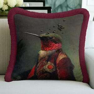 Ruby Throated Hummingbird Art Pillow Cover - Maroon Velvet with Fringe