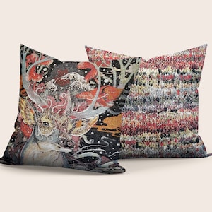 Deer Gobelin Pillow Cover, Deer with Mask Tapestry Cushion Cover, Decorative Woven Pillow Cases, Animal Pattern Throw Pillow, Gobelin Decor