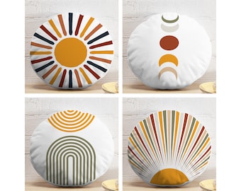Mid Century Round Pillows, Abstract Round Cushion, Boho Circle Pillow, Sun and Moon Cushion Cover, Rainbow Lines Round Pillow and Insert