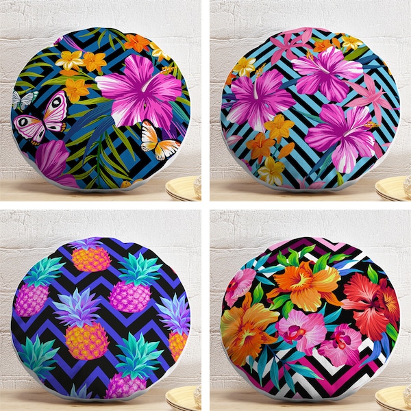 Colorful Floral Round Pillows, Hibiscus Flower Circle Pillow, Ananas Round Cushion, Zigzag Round Pillow and Insert, Floral Round Chair Pad