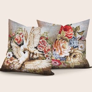Floral & White Pigeons Tapestry Pillow Cover, Colorful Flowers Gobelin Pillowcase, Floral Jacquard Tapestry Throw Pillow, 18x18 Couch Pillow