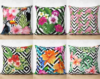 Toucan Couch Pillow Cover, Zigzag Pink Floral Pillowcases, Chevron Flower Cushion Cover, Summer Pillow Sham, Unique Home Decoration