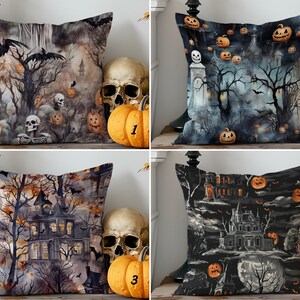 Watercolor Haunted House Pillow Cover, Spooky Forest Pillowcase, Witchy House Cushion Cover, Haunted Tombstones Cushion Cover, Gothic Decor