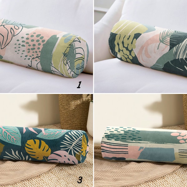 Tropical Bolster Pillow, Abstract Cylindrical Pillow, Green & Pink Neck Roll Pillow, Leaf Accent Bolster Cushion, Outdoor Bolster Pillow