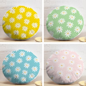 Floral Round Pillows, Daisy Pattern Circle Pillow, Marguerite Flower Round Cushion, Yellow Green Round Pillow and Insert, Pink Floor Pillows