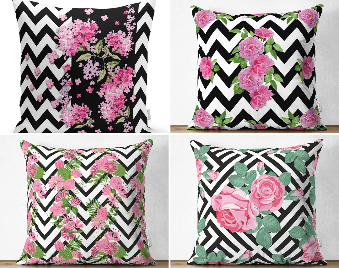 Black White Chevron Design & Pink Floral Pillow Covers, Zigzag Style ...