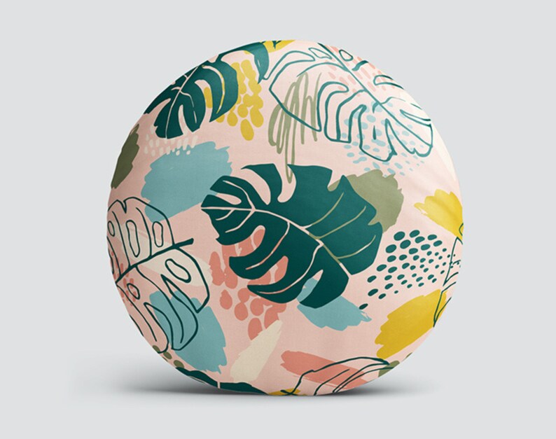 Boho Round Pillow, Abstract Leaves Pattern (Indoor and Outdoor Use) image 4