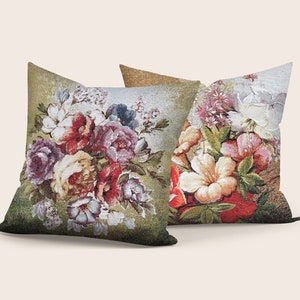 Floral Tapestry Pillow Cover, Colorful Flowers Gobelin Pillow Case, Botanical Design Woven Throw Pillows, 18x18 Tapestry Cushion Cover