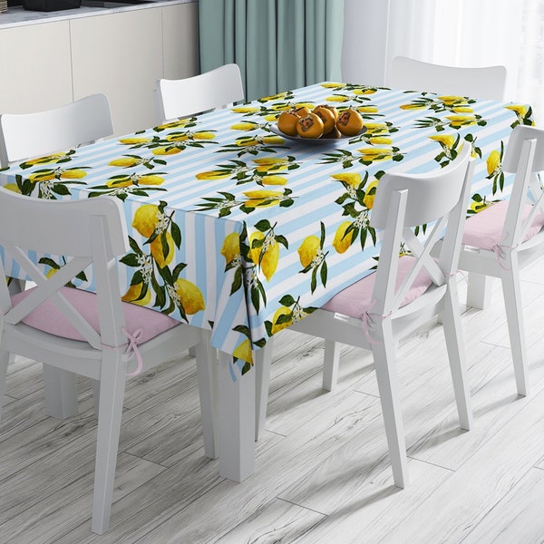 Lemon Tablecloth, Citrus on Stripes Tablecloth, Blue White Stripes Table Cover, Lemon Flower and Leaves Table Linen, Lemon Theme Table Decor